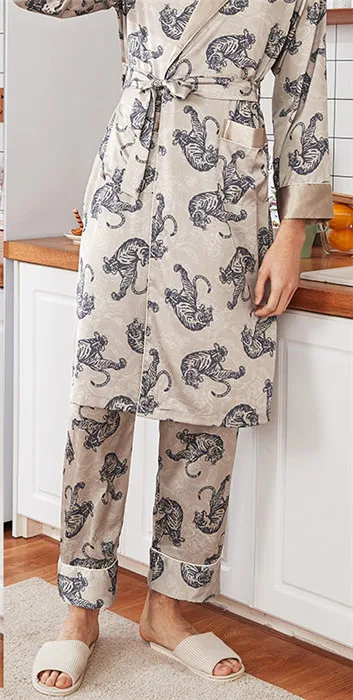 L, XL, XXL, летний мужской пижамный комплект, халат, штаны и шорты, одежда для сна, атласный принт, мужская повседневная домашняя одежда, костюм для сна, кимоно, Халат - Цвет: long pant 4