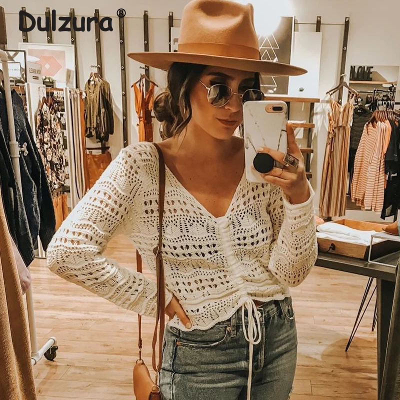 Женский ажурный вязаный свитер с v-образным вырезом летний укороченный Пляжный