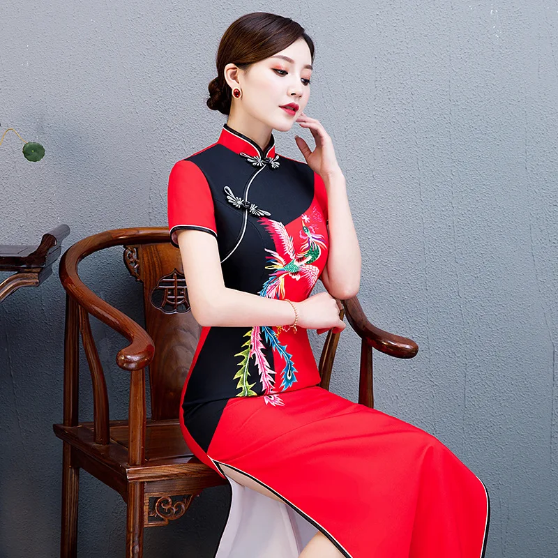 Красный плюс размер 5XL белый синий китайский винтажный Печатный женский Qipao Мода