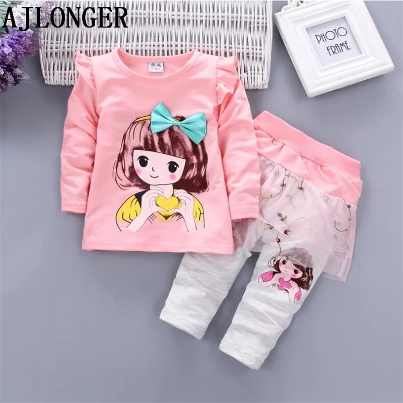 Комплекты одежды для маленьких девочек на осень и зиму футболка с мультяшным