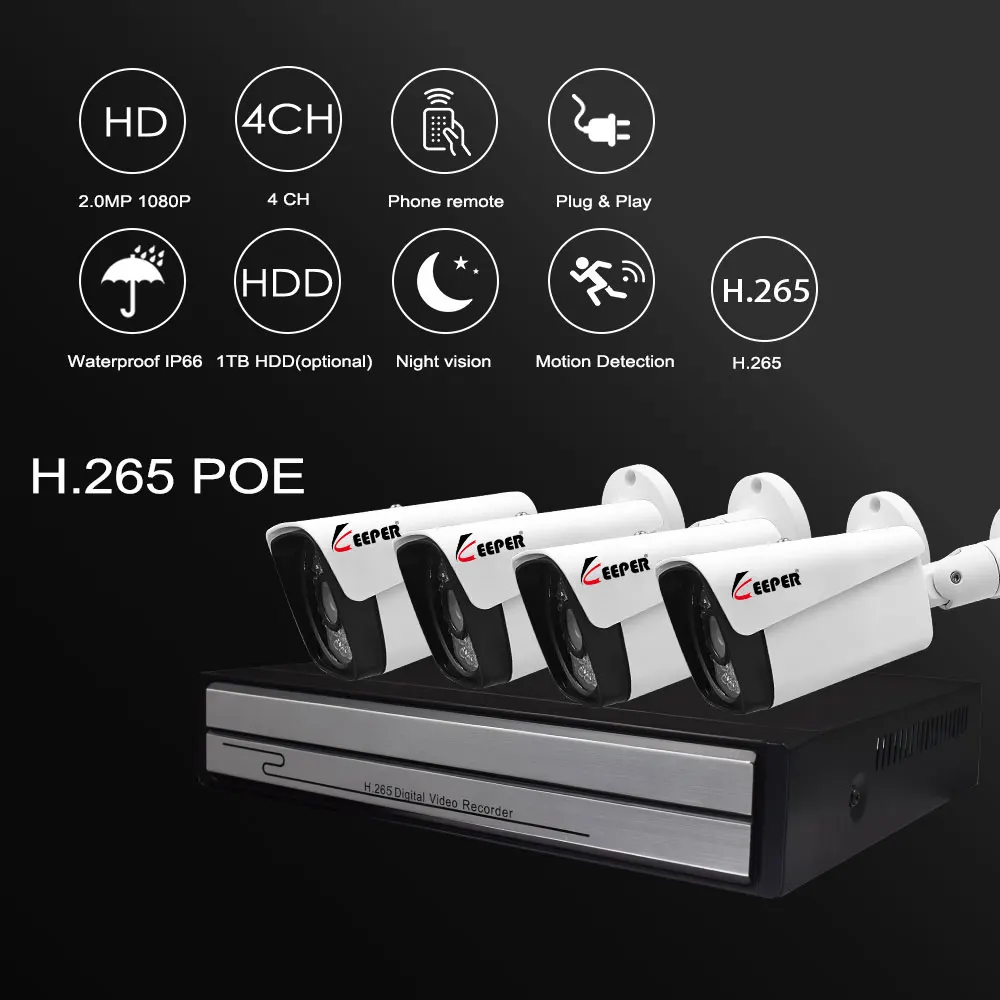 Хранитель H.265 4CH 1080P POE камера комплект с 2-мегапиксельной наружной ip-камерой IP66 P2P Onvif комплект видеонаблюдения для обнаружения движения просмотр приложения