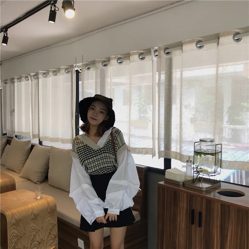 Hzirip Sweet Knitted Spliced Sweater 2018 Autumn Winter Pullover Women Lantern Sleeve Tops V-Neck Plaid Casual Female Jacket | Женская