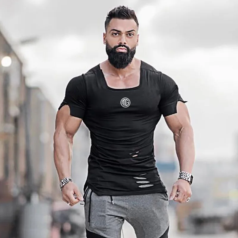 New 2020 Cotton Men's T shirt Vintage Ripped Hole T-shirt Men Fashion Casual Top Tee Men Hip Hop Activewears Fitness Tshirt Male