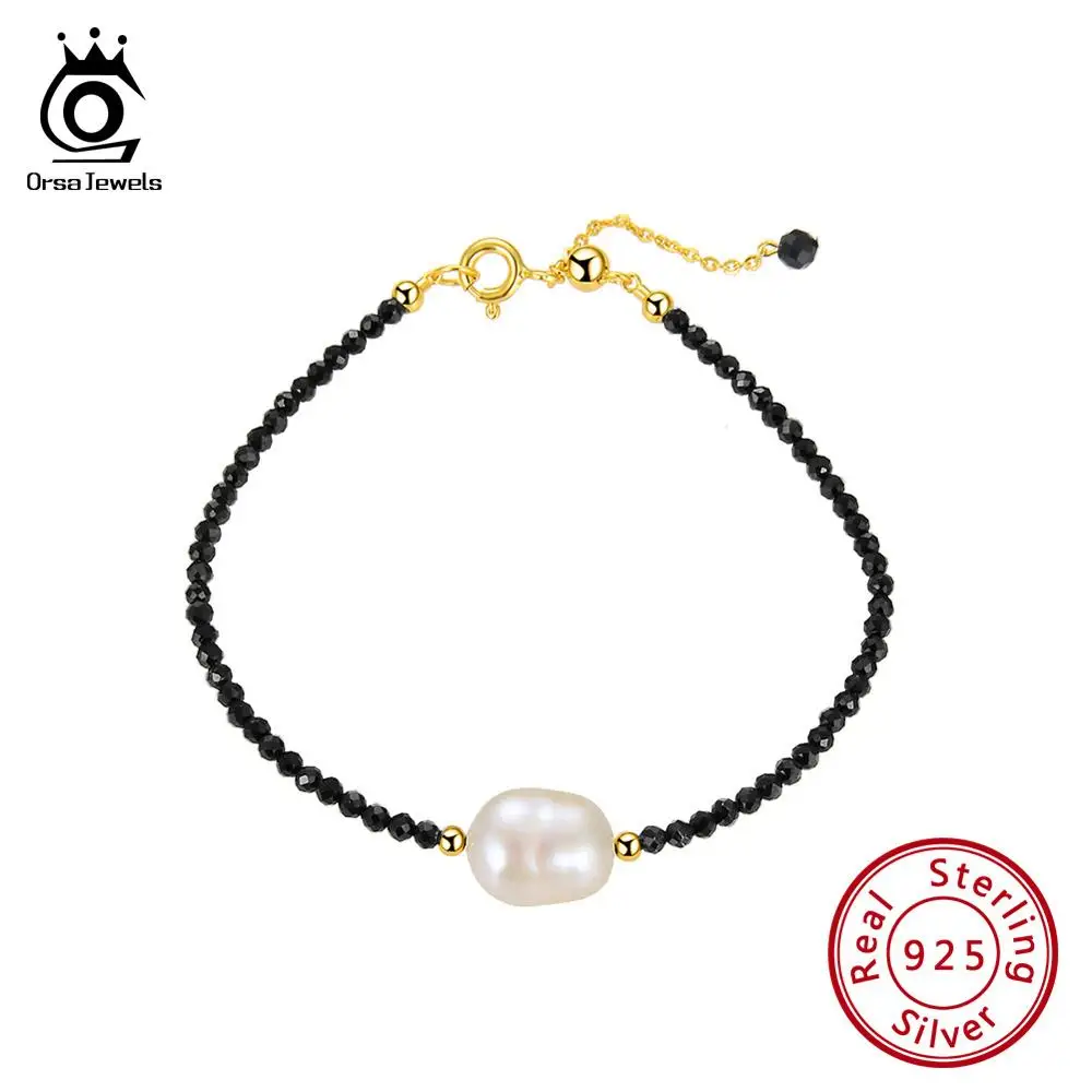 Black Spinel ORSA JEWELS настоящие женские пресноводные жемчужины неправильной формы Черный шпинель браслет серебро 925 красивые стильные ювелирные изделия SB48-B - Цвет камня: Black Spinel