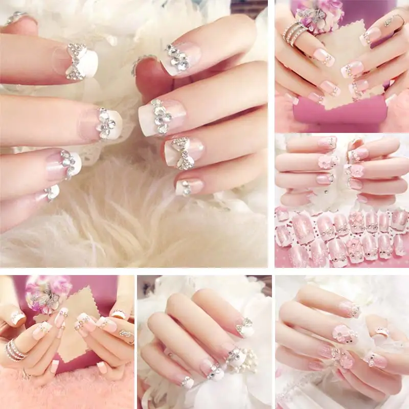 24 Pcs/Set 3D Fake Nails With Glue Wedding Bride Full Nail Tips Middle-Long Cute French False CD88 | Красота и здоровье