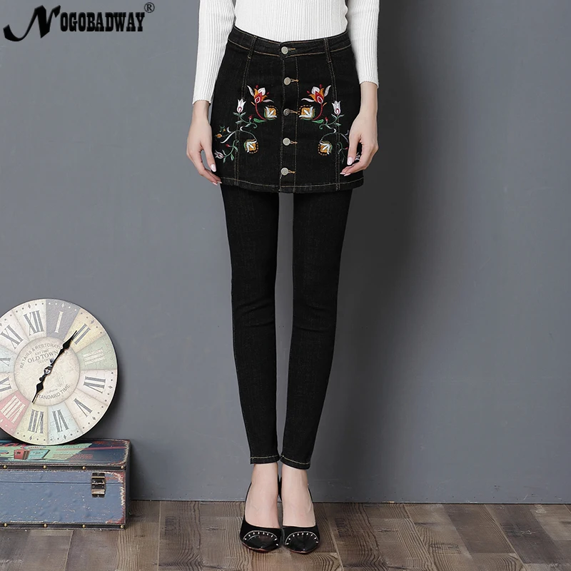 2018 весенние джинсы женские с цветочной вышивкой Большие размеры брюки высокой