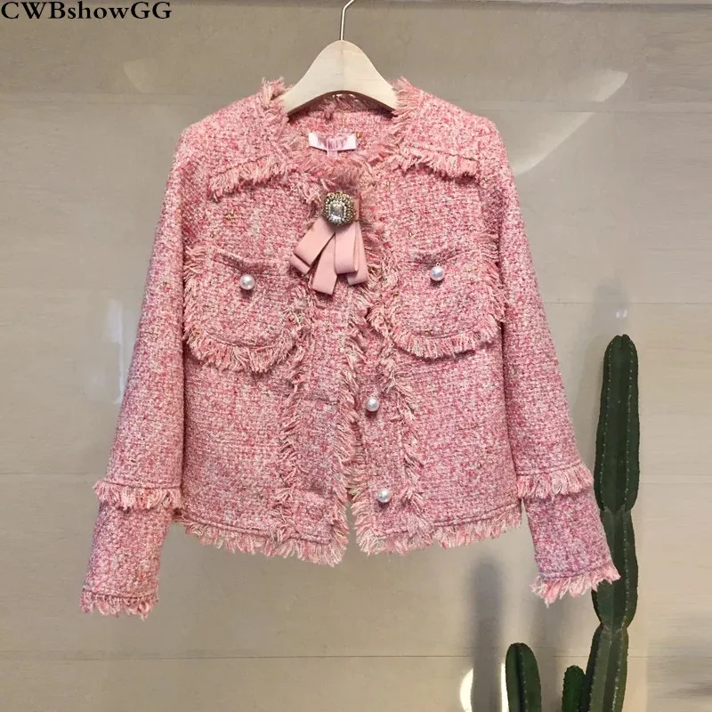 Женская твидовая куртка с бахромой винтажная шерстяная на пуговицах бантом и