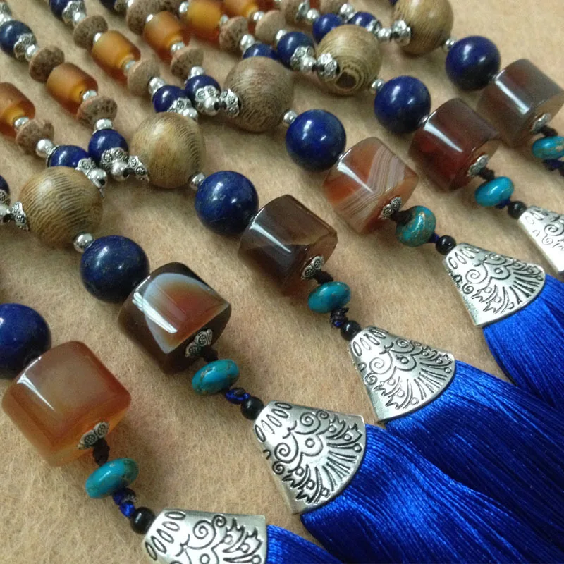 Рождеством зимний ветер Агат Ожерелье Кулон синий кисточкой Китайский свитер