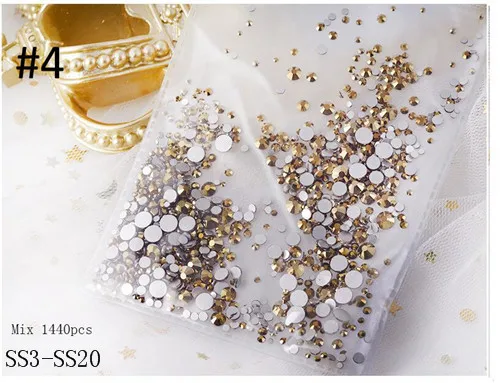 Gold Ore-1440pcs 31 стиль, плоские круглые стеклянные стразы смешанного размера, набор, Кристальные драгоценные камни из стекла, 1440 шт, Стразы для ногтей, для самостоятельного дизайна ногтей - Цвет: Gold Ore-1440pcs
