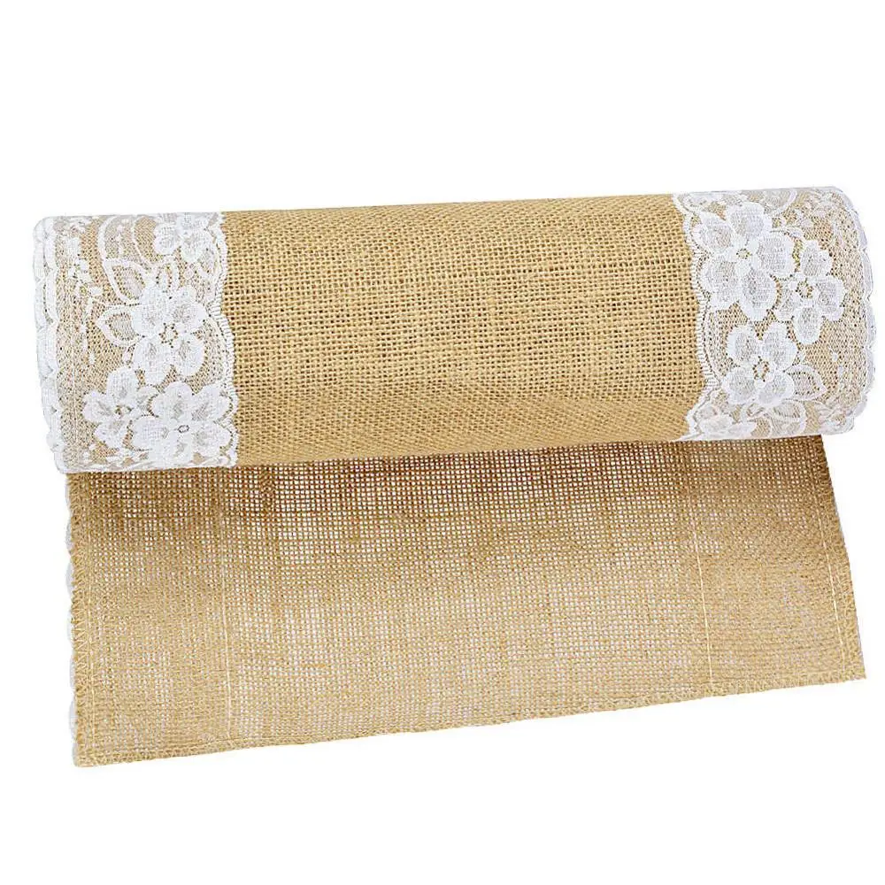 Double lace white OurWarm 275x30 см деревенские Свадебные мешковины настольная дорожка натуральный джут винтажный, из мешковины украшение для свадебного банкета отель вечерние принадлежности - Цвет: Double lace white
