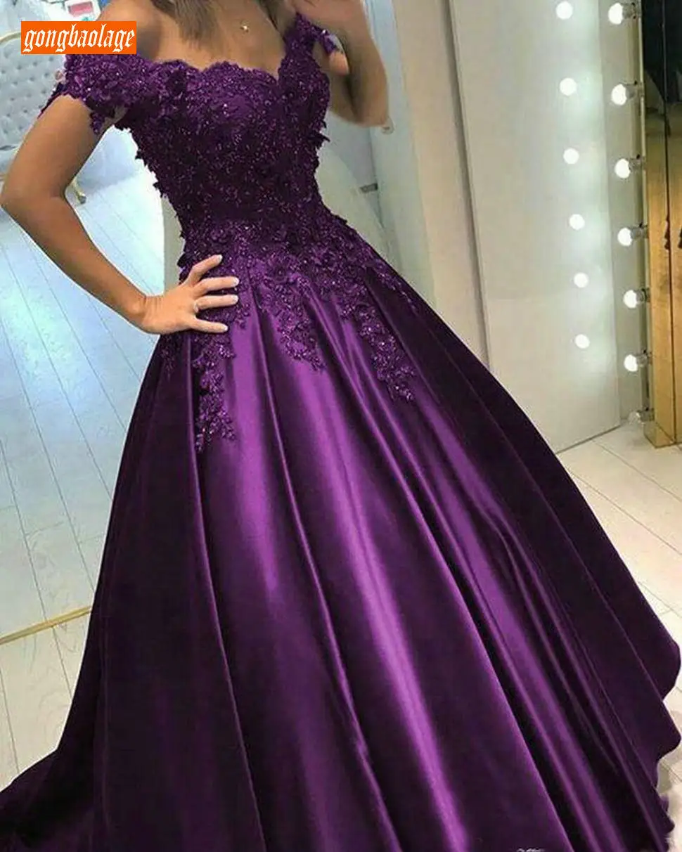 Gorgeous Dark Navy Ball Gown Evening Dresses Off Shoulder Appliques Beaded Satin Formal Dress 2020 Engagement Party | Свадьбы и