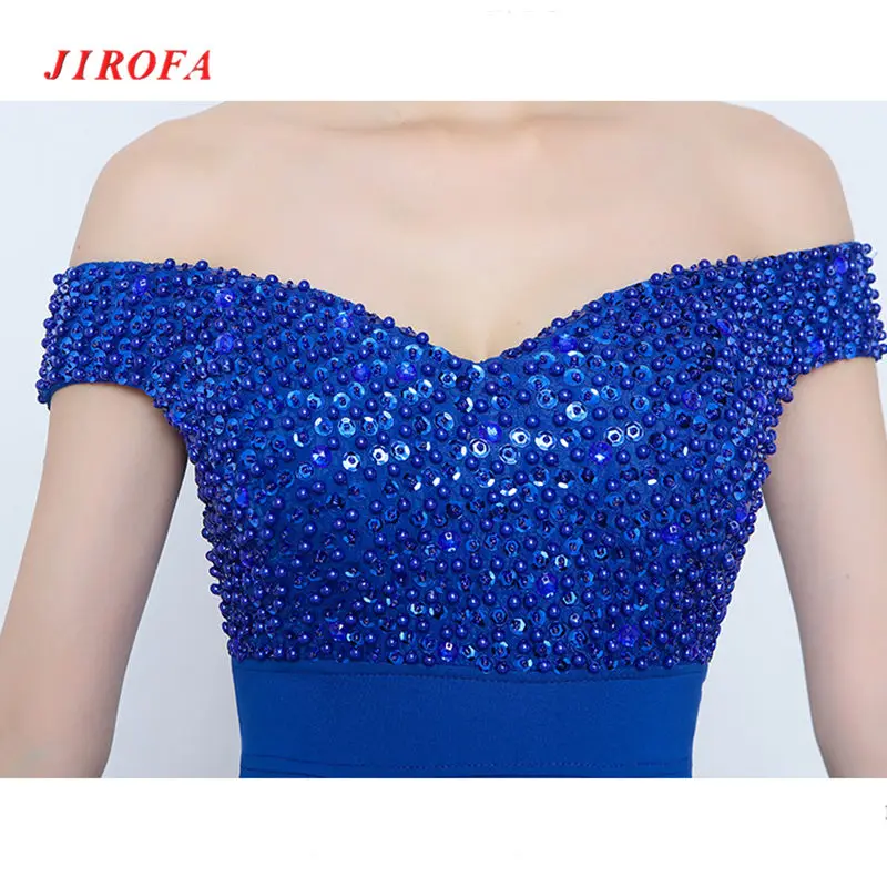 Женское вечернее платье с блестками JIROFA синее или красное вырезом лодочкой