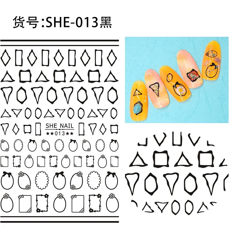 SHE013 Black 2 листа черный различные линии стрелка цветы арабский латинский алфавит шаблон клей дизайн ногтей наклейки украшения DIY наконечник SHE01-31 - Цвет: SHE013 Black