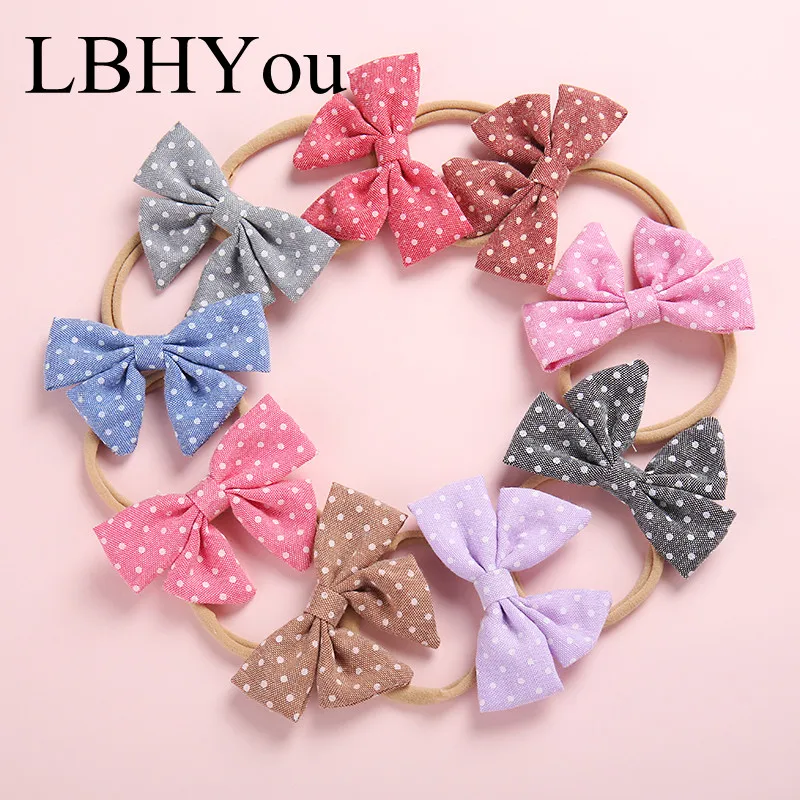 

1pcs Sweet Dot Linen Bows Nylon Headbands,One Size Fit Most Cotton Bowknot Nylon Headwraps Soft Head Wraps,Baby Girls Hairbands