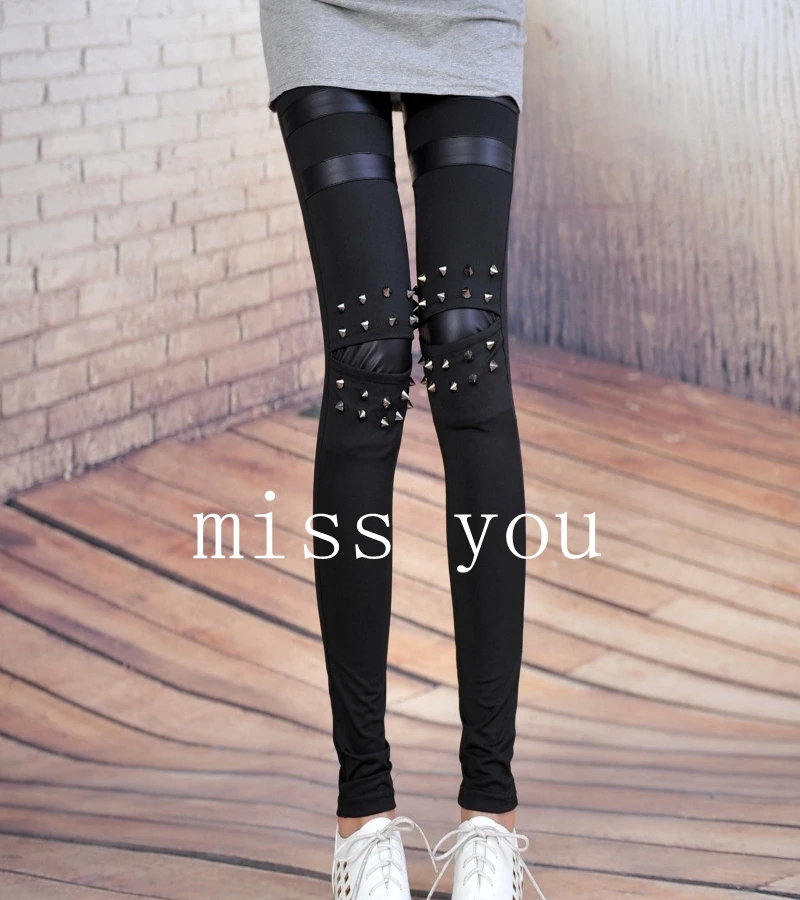 Punk fabric and fake Leather Leggings Women Sexy black patchwork Pants Stretch Gothic pant lady sexy Rivit Leggins Slim capris | Женская