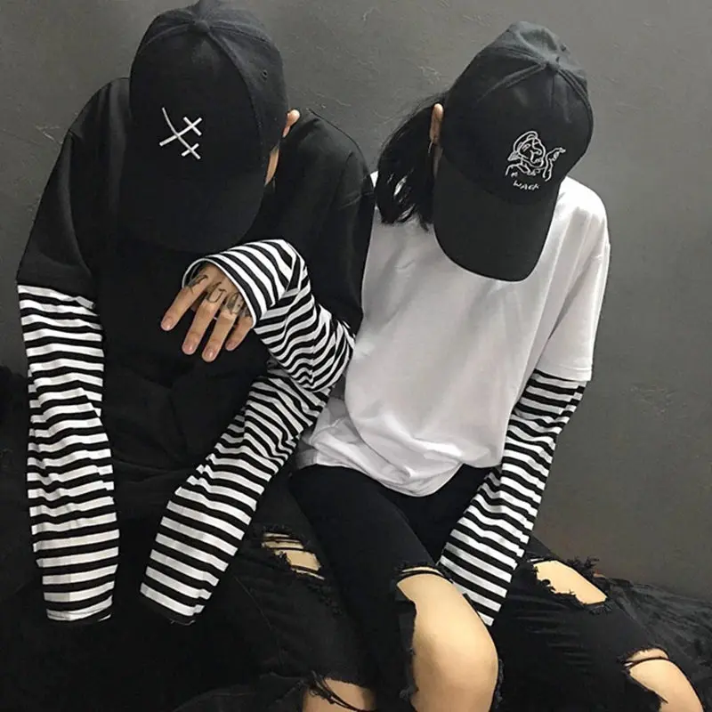 

Корейский стиль y2k Ulzzang Harajuku свитшот для женщин и мужчин повседневная весенне-осенняя полосатая Лоскутная свободная футболка с длинными рук...