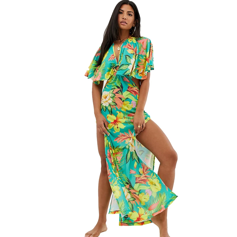 MINSUNDA сексуальное платье с v-образным вырезом высокий разрез сбоку цветочным