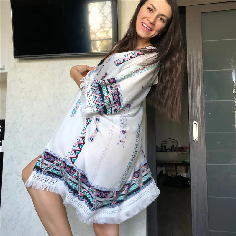Кимоно кардиган модный кисточкой шифон Лето Племенной Ретро печатных блузки женские рубашки женская одежда CA6329