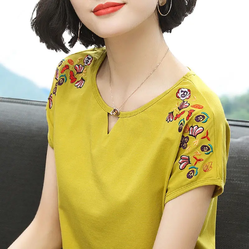 Batwing Sleeve Embroidery Blouse Women Loose Casual Summer Tops 95% Cotton Solid Color White O Neck Ethnic Tees Ladies Clothes | Женская