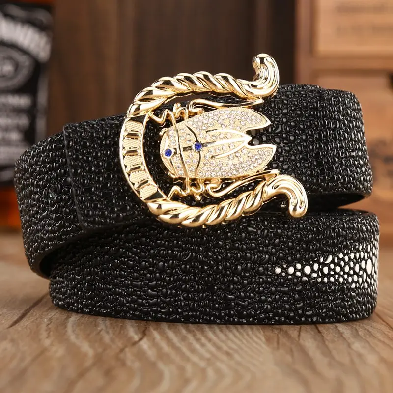 gold black cicada Мужские ремни с золотой пряжкой и драконом, роскошный высококачественный жемчужный ремешок с рыбками, Воловья кожа, натуральная кожа, ceinture, новинка,, дизайнерские, 105 см - Цвет: gold black cicada