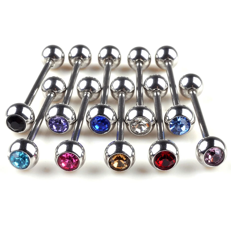 

30Pcs/lot 316L Surgical Steel Crystal Tongue Rings Piercing Ear Stud Body Jewelry Piercing Lip Tougue Wholesale