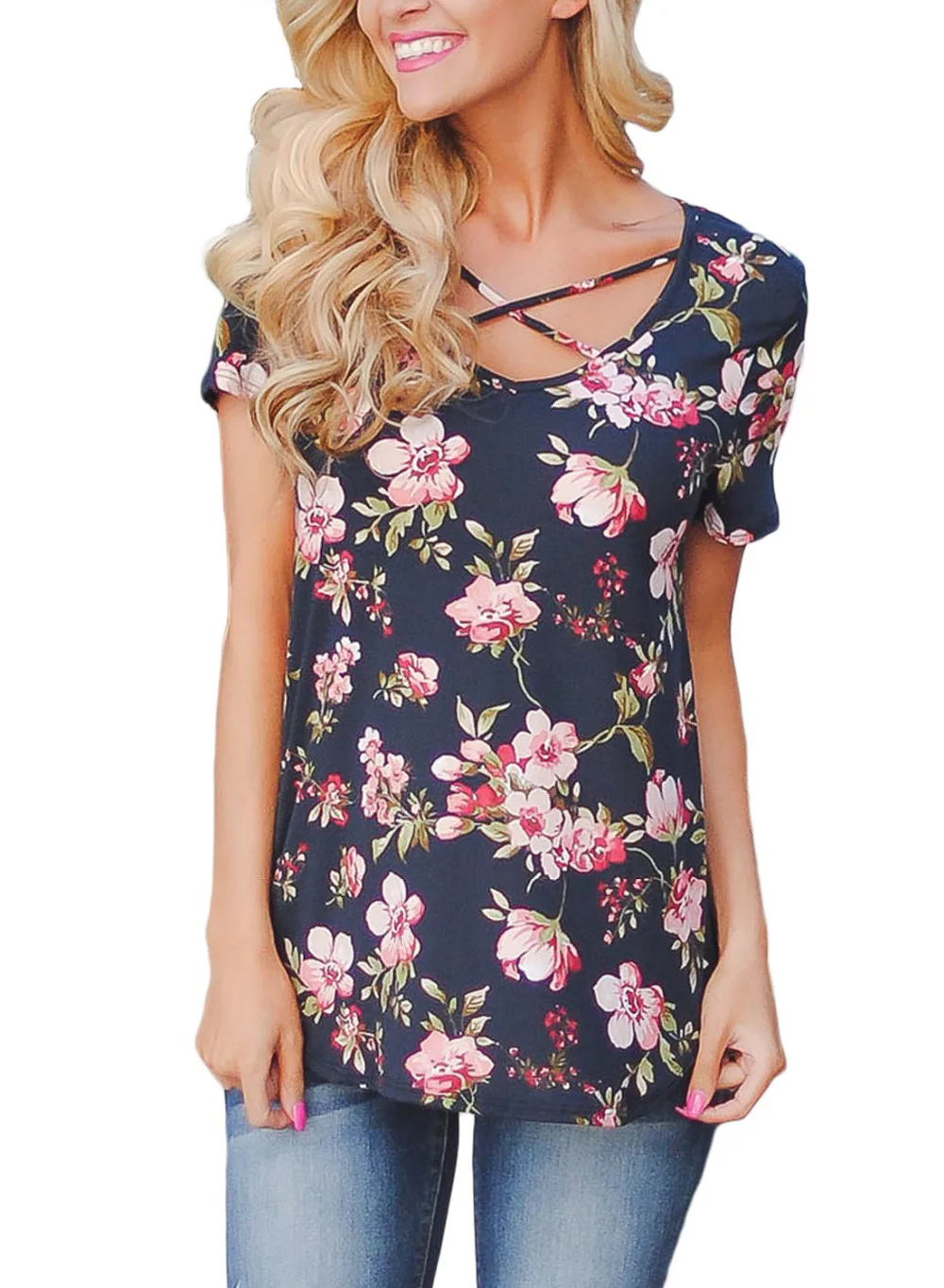 2018 New Arrival Summer Women's Casual White Pink Coffee Baby Blue Super Soft Floral Tee Shirt with Crisscross Neck LGY250050 | Женская