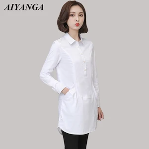 Женская блузка с длинным рукавом, белая Повседневная рубашка средней длины размера плюс, для осени и зимы, 2018
