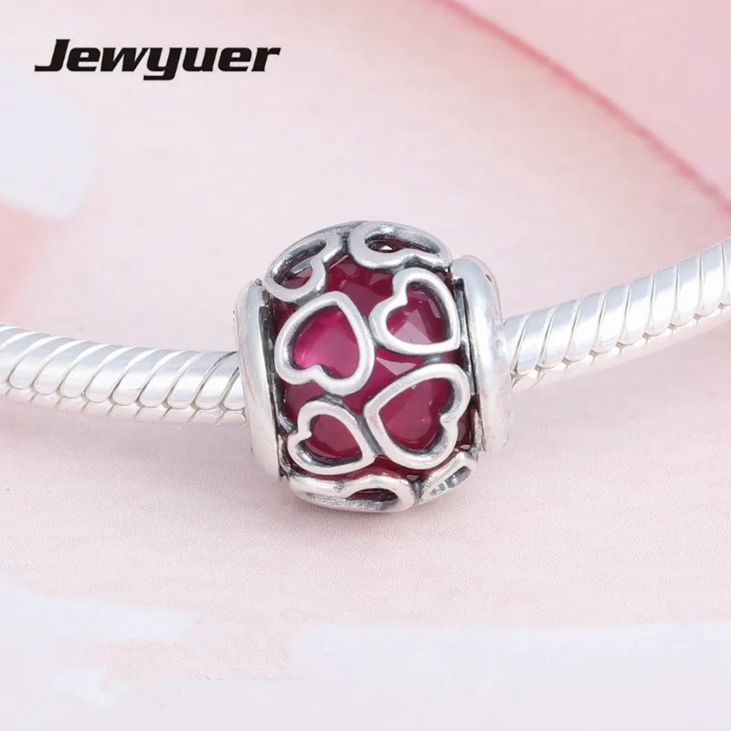 Valentine's Day Cerise Encased in Love charms 925 Sterling Silver heart beads fit charm Bracelets DIY fine jewelry Jewyuer BE434 |