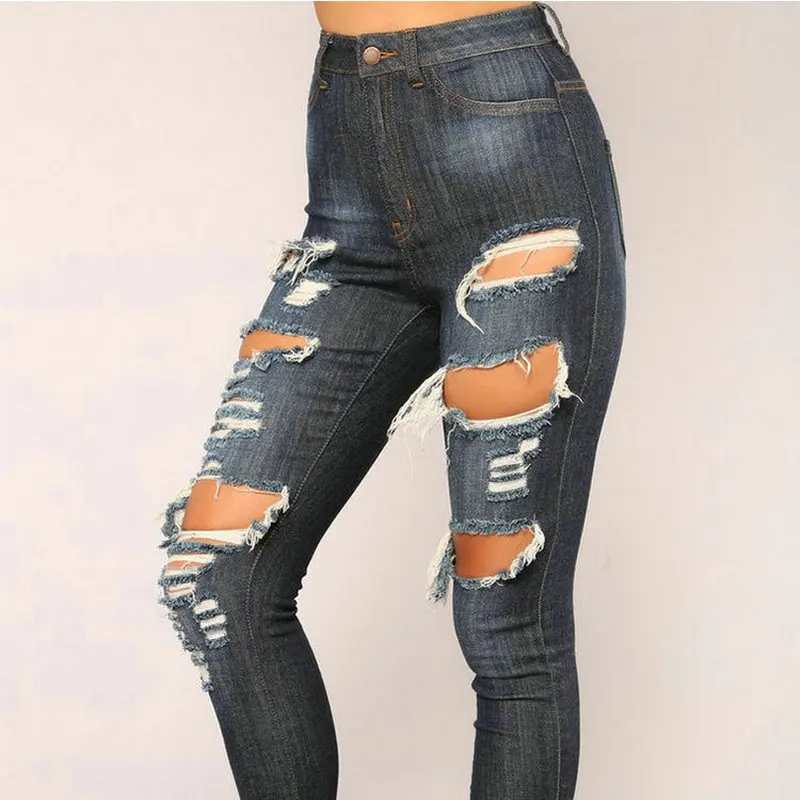 Винтажные повседневные джинсовые длинные зауженные брюки с дырками женские