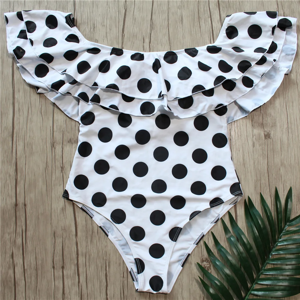 

Polka Dot One Piece Swimsuit Women Ruffle Swimwear Double Flounce Bodysuit Vintage Monokini Bathing Suit Maillot De Bain