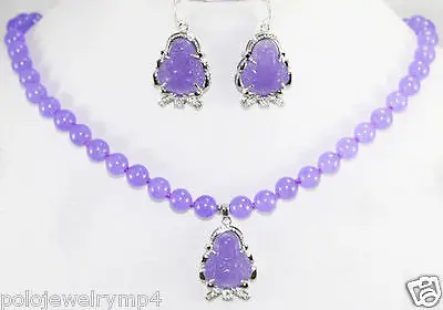 Ювелирные изделия 10 мм фиолетовый нефрит ожерелье Будда Кулон Серьги Набор&gt ^ 1&gt