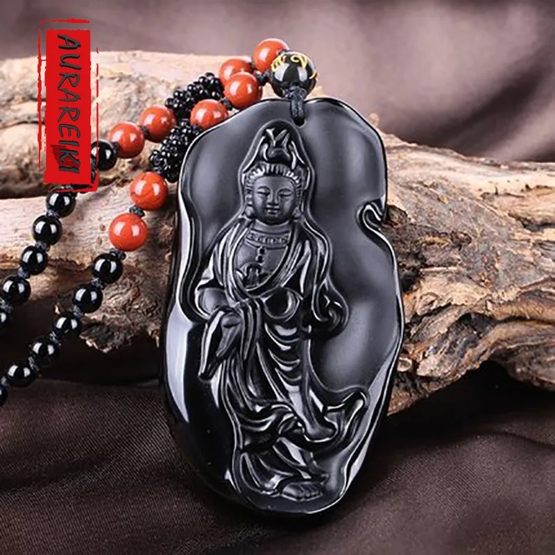 AURAREIKI натуральный обсидиан Guanyin Ожерелье Подвеска буддизм амулет жемчужное
