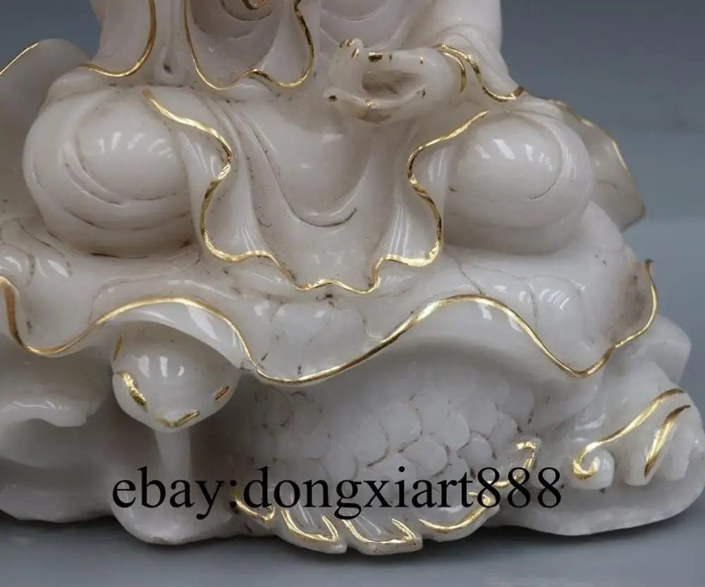 13&quot Chinese White Stone Jade Painted Dragon Kwan-yin Bodhisattva Guanyin Statue | Дом и сад