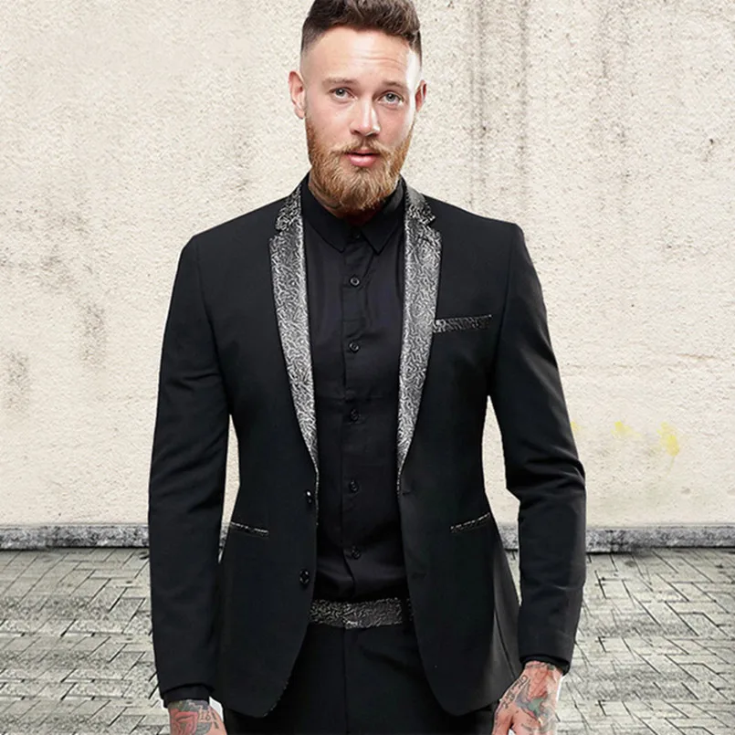 

Latest Designs Shawl Lapel Groom Tuxedos Black Men Suit Wedding Tuxedos With Silver Best Man Blazer suits (Jacket+Pants)