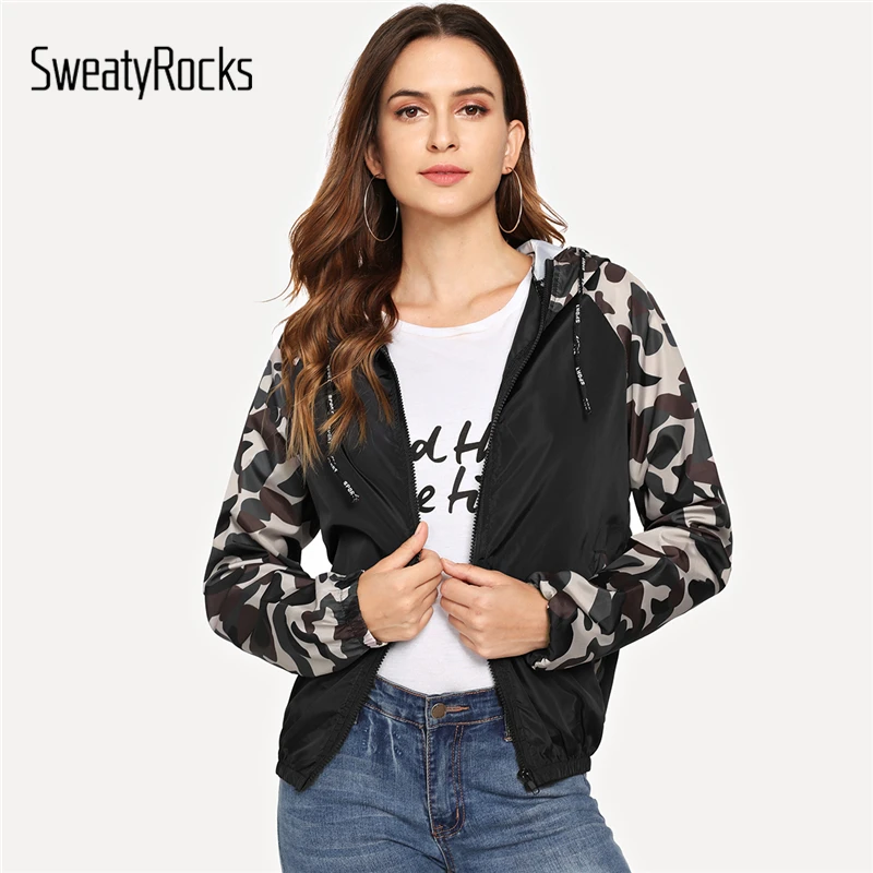 Камуфляжная Женская куртка SweatyRocks, ветровка на молнии, толстовки, одежда, контрастная панель, рукав реглан, женские пальто и куртки