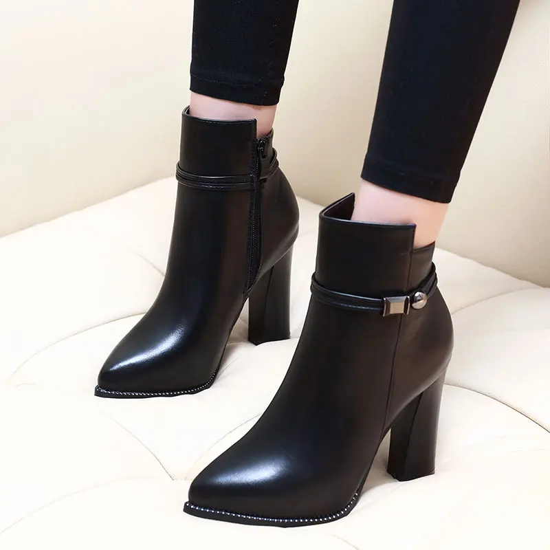7CM Heel Height Женские ботинки на Высоком толстом каблуке; женские ботинки из натуральной кожи с острым носком на молнии; Осенняя обувь; Новинка года; женские ботинки; CH-B0083 - Цвет: 7CM Heel Height