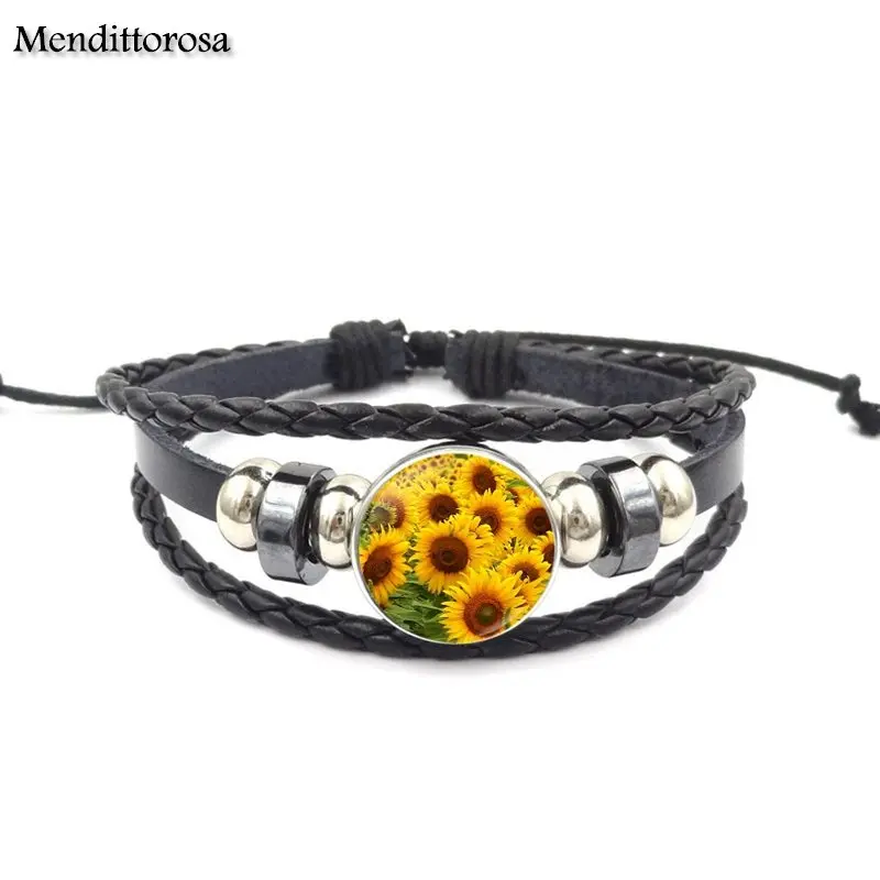 Браслет из черной кожи для девочек лучший подарок милой дочери сестры подсолнуха