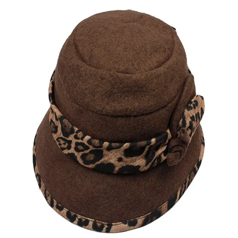 

Kenmont Winter Women Wool Bucket Brim Hat Cap Leopard decoration Flower Winter Fashion Dress Hat KM-2242