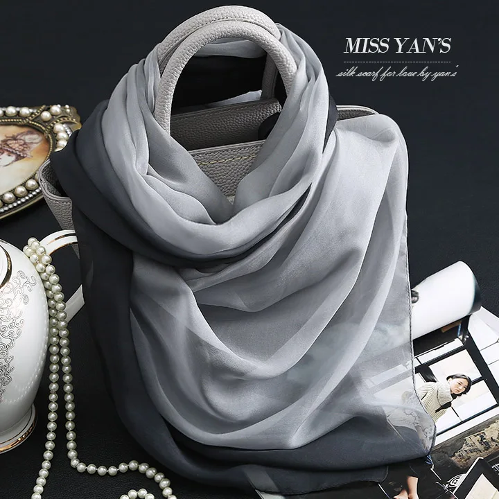 Женский шарф из натурального шелка Модный классический черный серый градиентный