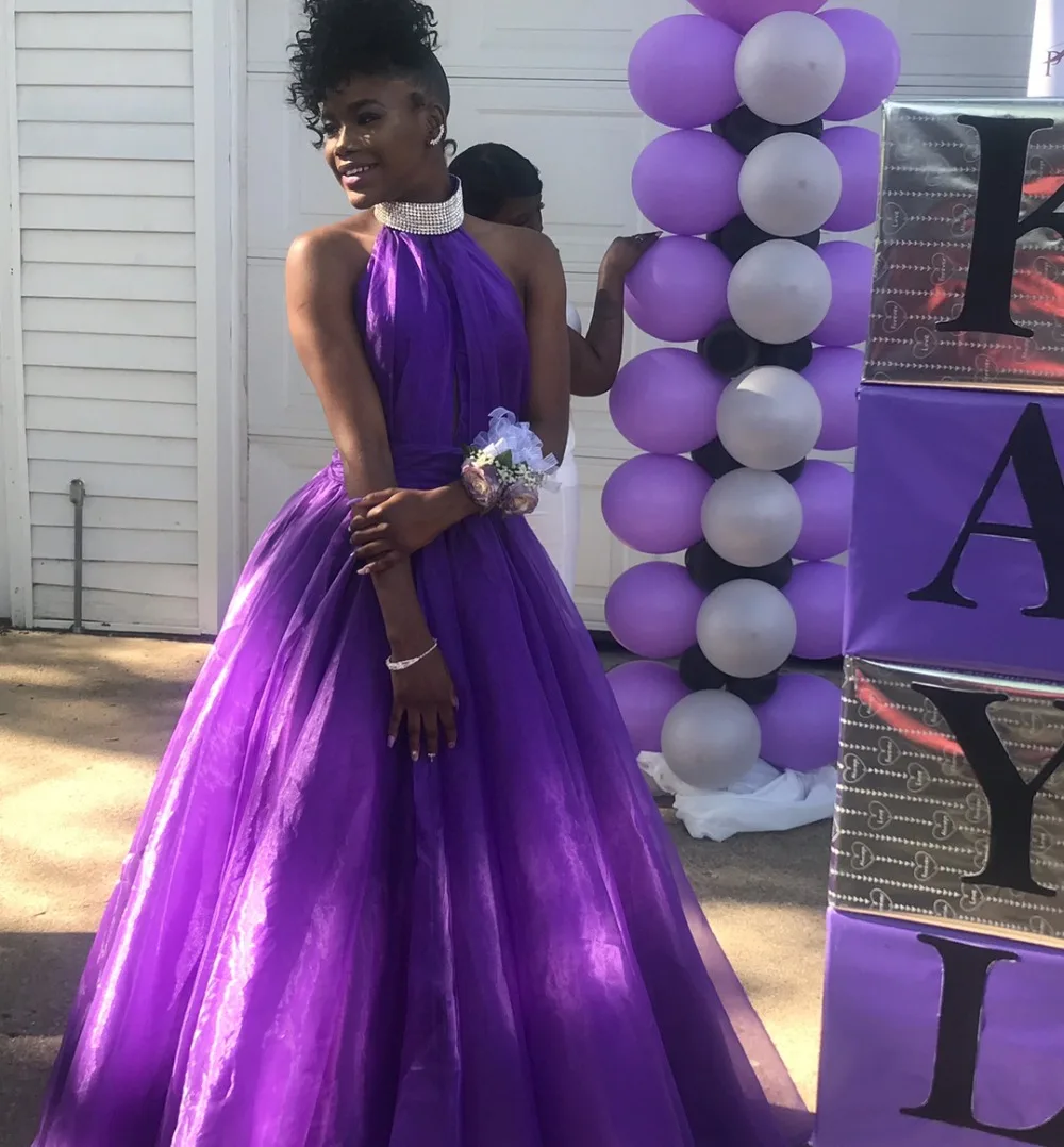 Высокая шея линия фиолетовые Выпускные платья Длинные 2019 сексуальный тюлевый с