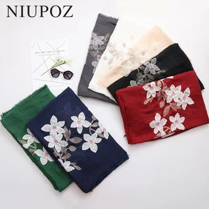 Новый дизайн, хлопковый шарф с вышивкой в виде цветка персика, Женская бандана, длинная шаль и хиджаб из пашмины, большой размер 110*190 см, M202