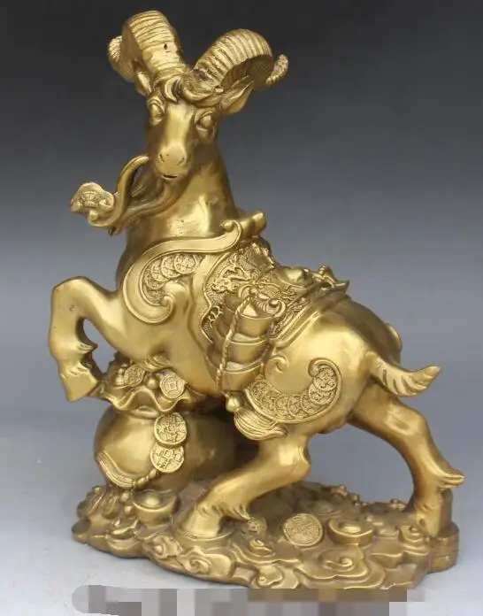 S3653 13&quot Chinese Bronze Wealth Yuanbao Money Bag Animal Sheep Goat Ram Ruyi Statue | Дом и сад