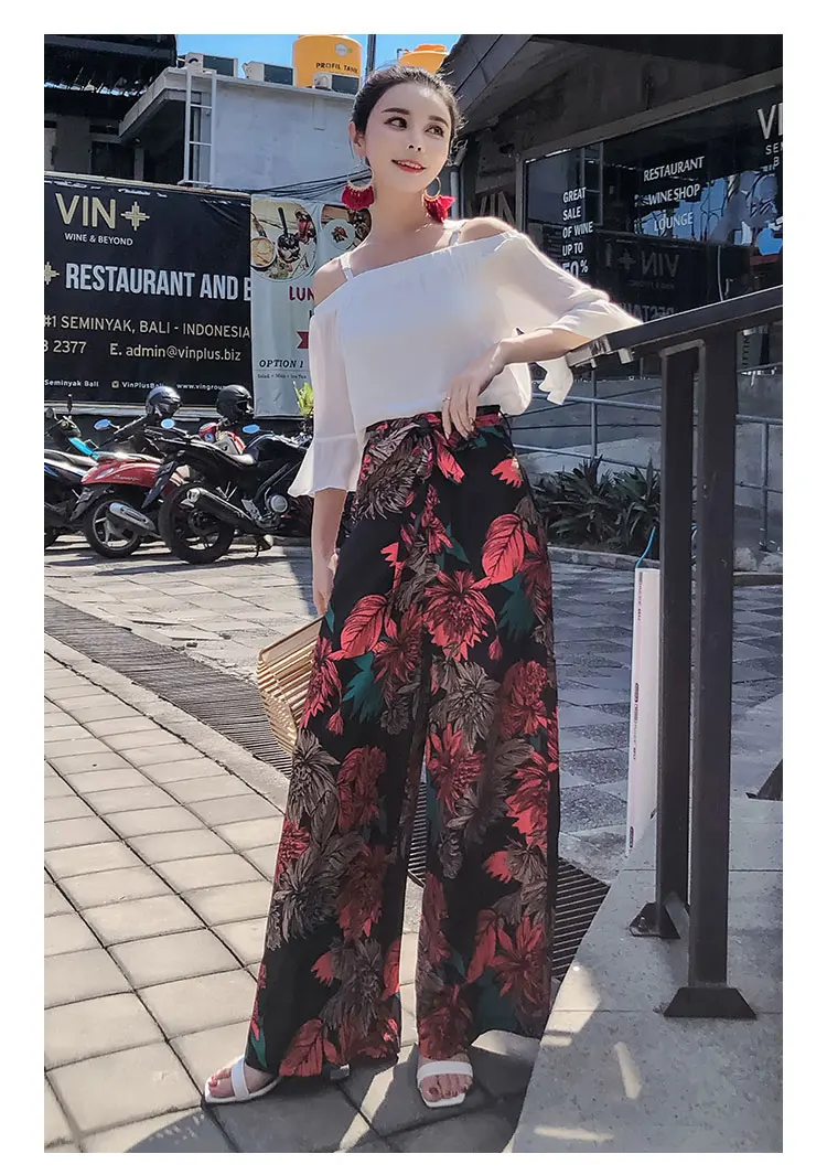 Летние новые винтажные Свободные Штаны Boho с высокой талией, свободные длинные женские брюки с цветочным принтом, повседневные женские пляжные штаны для отдыха