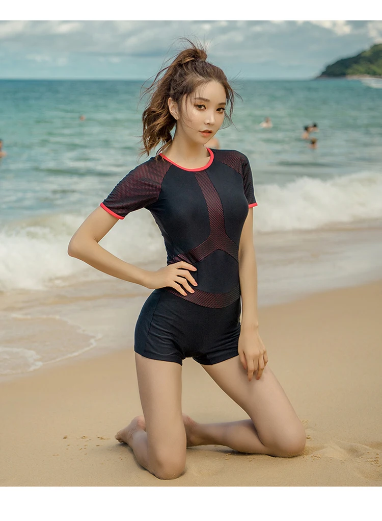 Mesh Patchwork Rash Guard Women Solid Swimwear Short Sleeve Swimsuit Shorts Surfing Suit Black Bathing Suit Korea Diving Clothes