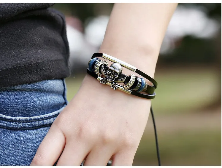Многослойный черный кожаный браслет винтажный Corsair с черепом простое украшение