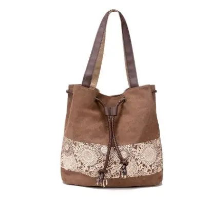 brown bucket bags Женская модная сумка для покупок, Национальная Холщовая Сумка через плечо, сумки с цветочным принтом, Большая вместительная Повседневная сумка на шнурке - Цвет: brown bucket bags