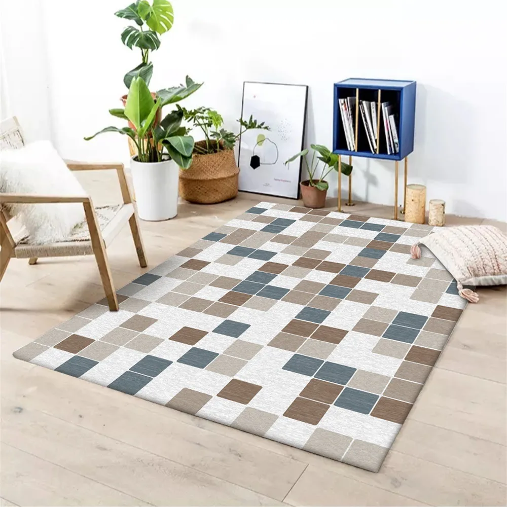 

Modern Fashion abstract geometric Blue brown small squares Bedroom living room floor mat Bedside carpet plush rug custom made