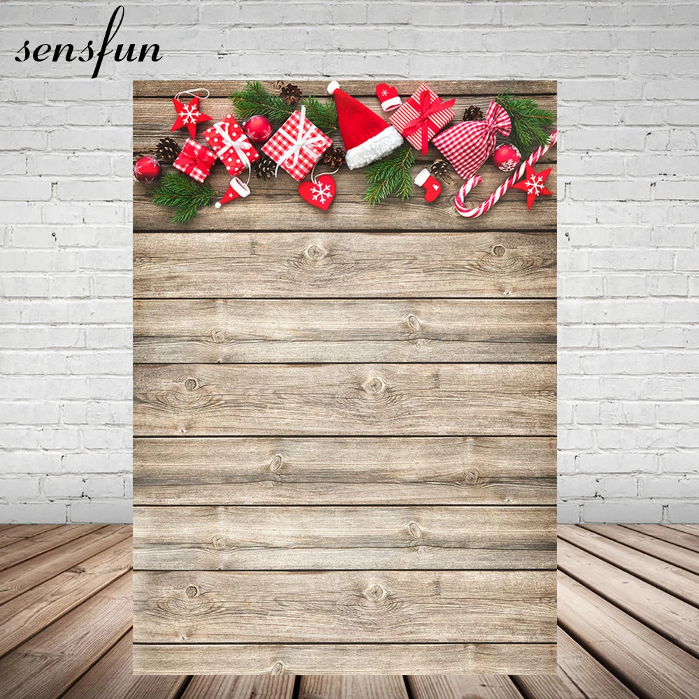 Sensfun Винтаж Wood Photo Backdrop Рождественский подарок шапка носок с сердцами и звездами