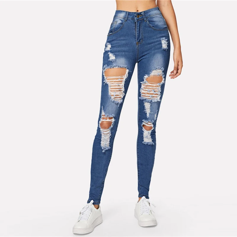 ROMWE Ripped Bleach Wash Skinny Jeans Navy Zipper Fly Hole Straight Leg Pants Summer Women Fashion Pockets Trousers