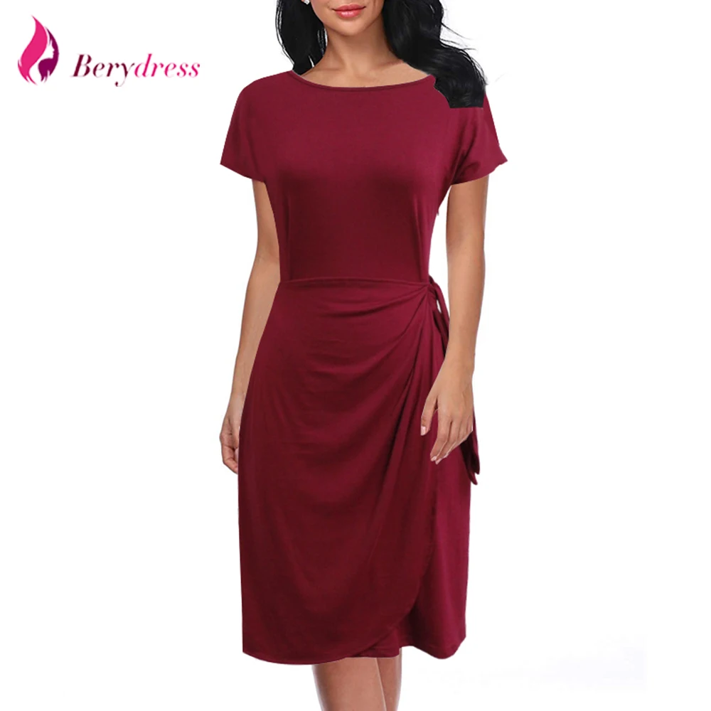 Berydress элегантное женское бордовое Повседневное платье с короткими рукавами